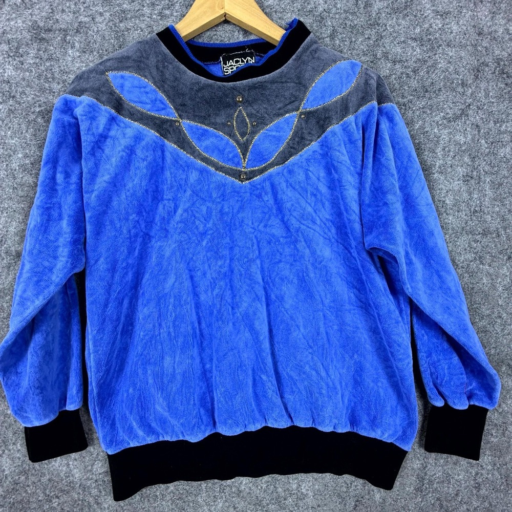 Vintage Jaclyn Sport Velour Sweatshirt Women Blue 90s Lounge Athleisure Chic Lux